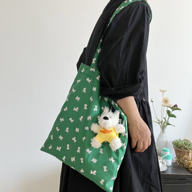 Japanese and Korean Cartoon Cotton Printed Cloth dark green Base Color Cute Dog Thin Shoulder Bag Hand Bag All-match Daily Bag