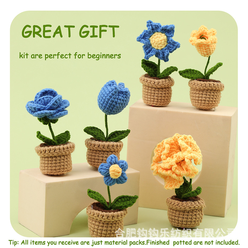 亚马逊新款钩针材料包盆栽小蓝花毛线团编织摆件礼物手工diy