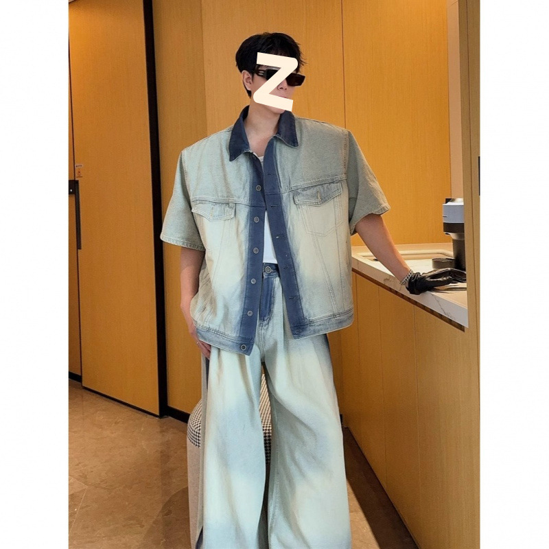 Short-Sleeved Denim Suit for Men 2025 Summer Painting Design High-End Loose Scimitar Jeans Set