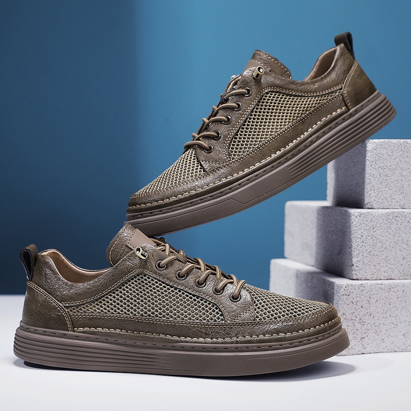 Zapatillas transpirables de malla de ojos grandes de cuero de microfibra de verano 2025 Versión coreana de zapatos negros de suela gruesa en vivo Zapatos de hombre Douyin Tide