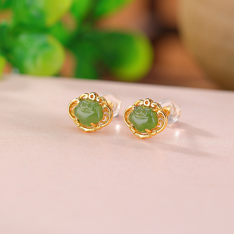 Bông tai bạc S925 đính ngọc Hetian tự nhiên hình Như Ý rỗng — Mẫu bạc