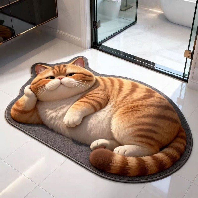 Cute cat diatomite floor mat for bathroom, water-absorbent, quick-drying, non-slip, dirt-resistant, durable, easy to maintain, door mat