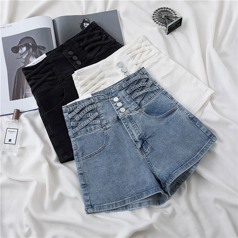 Cross Design High Waist Denim Shorts Women's ins Thin Niche Stretch-breasted Slim-fit a-line Straight Hot Pants for Summer