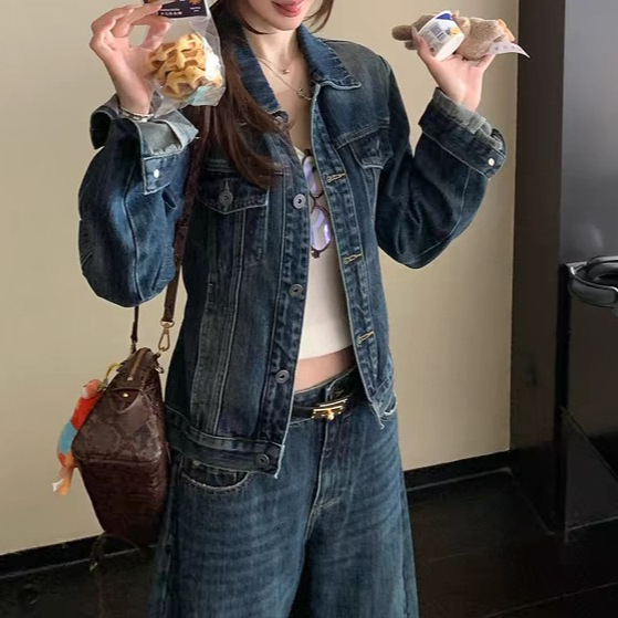 Skk Store Jennie1时装周 俏皮复古水洗渐变柔软牛仔外套长裤套装|undefined