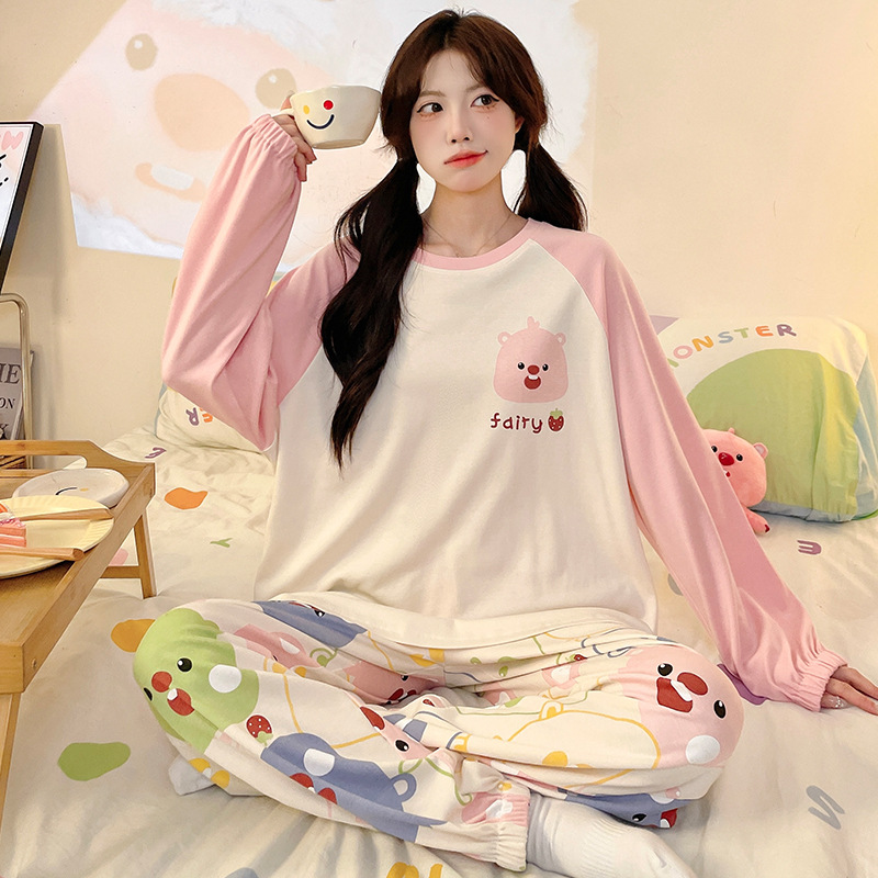 CARTO 카드 PIBALA COTTON PAJAMAS 여성의 가을 크루 넥 긴팔 바지 귀여운 패린 자식 홈 의류 세트