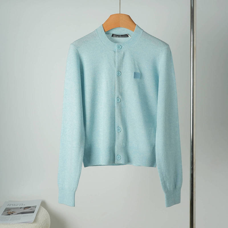 Ac Smiley Face Cardigan Celebrity Style Women's Slim Fit Wool Sweater Round Neck Knitted Sweater with Square Embroidery Logo