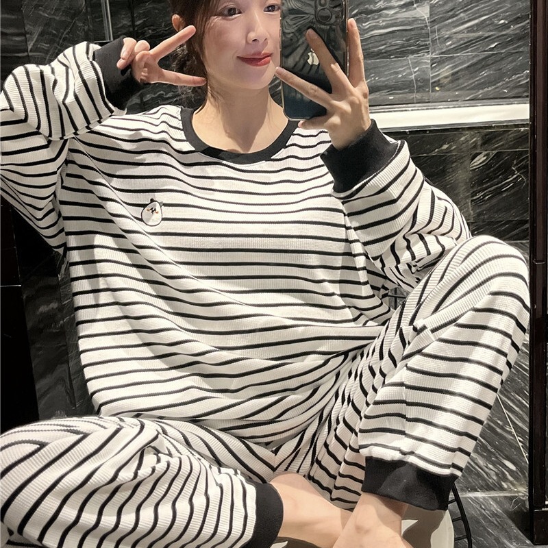 Japanese Style Long-Sleeved Pajamas for Women Spring & Fall Waffle Knitted Cotton Stripesd Home Clothes Large Size Fat mm 100kg Suit