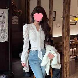 蝴蝶结衬衫2025秋季新款法式小香风镂空蕾丝衫长袖宫廷风甜美上衣