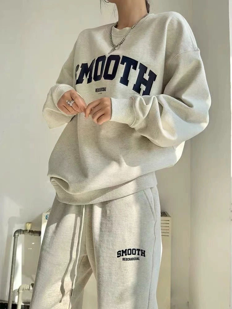 Спортивный костюм сет — oversize худи и брюки, унисекс в американском стиле, серый рис, тонкий/плюшевый велюровый