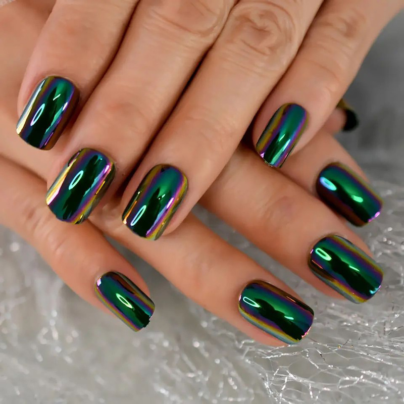 Medium-Sized Square Fake Nails with Chrome-Plated Mirror Surface, Acrylic Emerald Green, Retro European and American Ins Style, Cross-Border Hot Sale Medium-Sized Square Fake Nails with Chrome-Plated Mirror Surface, Acrylic Emerald Green, Retro European and American Ins Style, Cross-Border Hot Sale