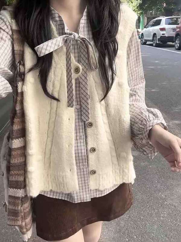 早秋学院风宽松显瘦软糯针织开衫女学生+百搭复古格纹衬衫两件套|undefined
