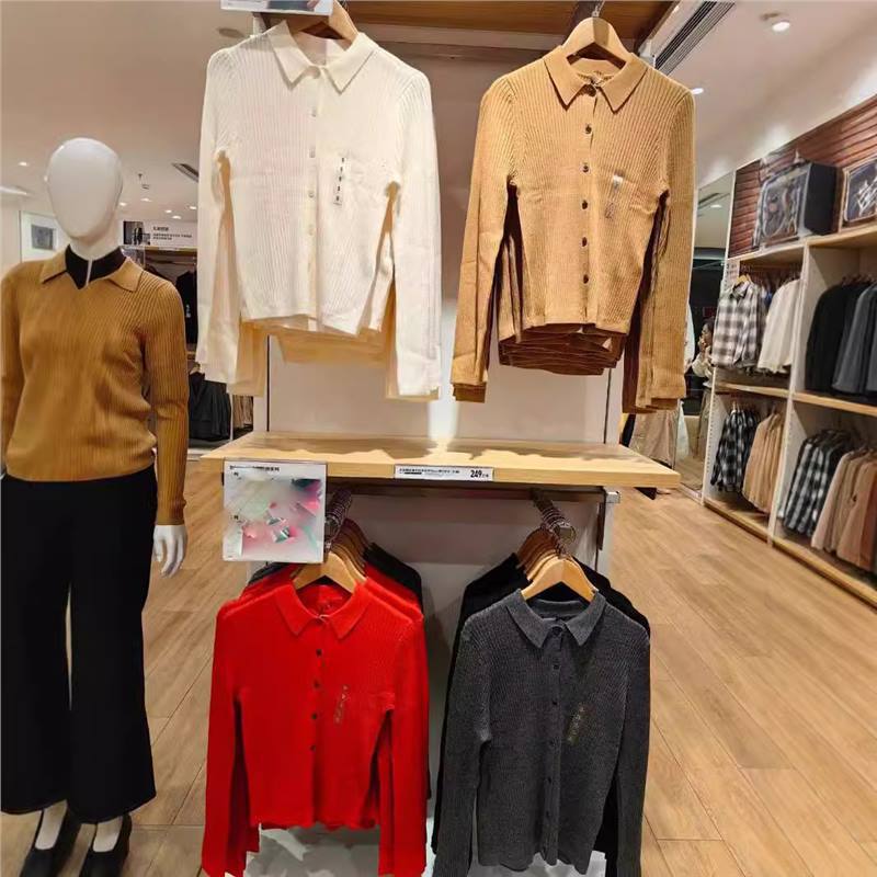 U Japanese Order 2024 Autumn Women's Fine Merino Ribbed Polo Collar Knit Sweater Long Sleeve Cardigan 469483