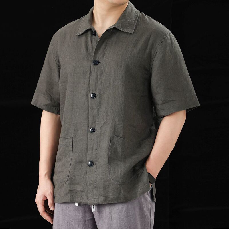 New Linen Button-Down Shirt for Men, Short-Sleeved, Summer Lightweight, Breathable, Moisture-Wicking, Chinese Style Gray Top