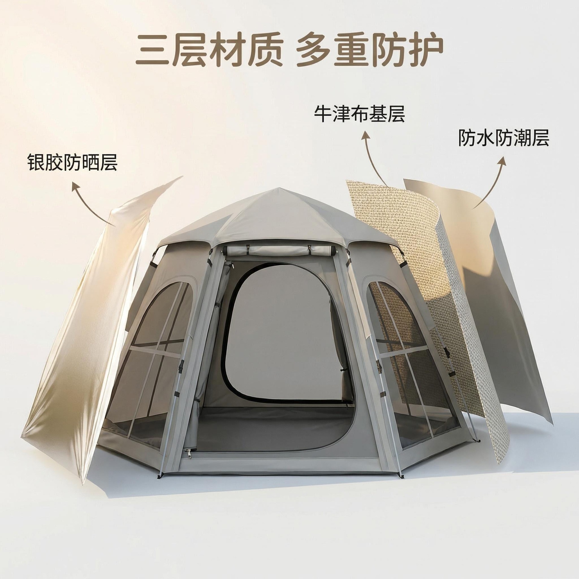 Cross-Window Hexagonal Camping Tent for 4-6 People, Thickened Sun-Protection Tent for Multiple People, Outdoor Family Leisure Camping Tent