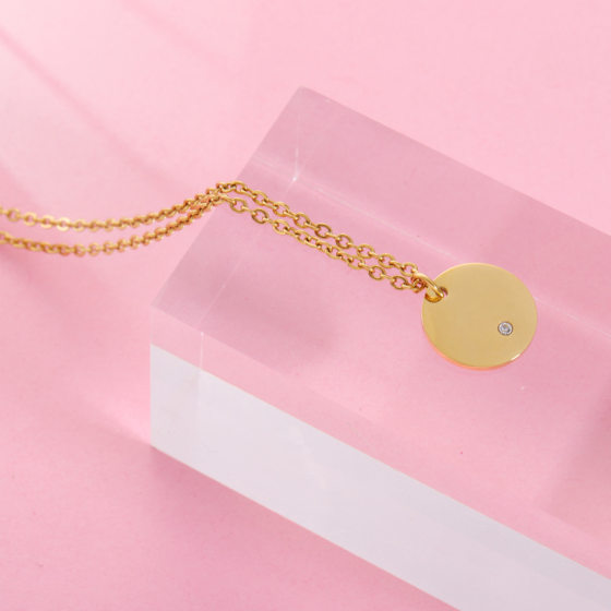Factory direct simple fashion Mirror stainless steel necklace pendant geometric round with drill laser logo pendant