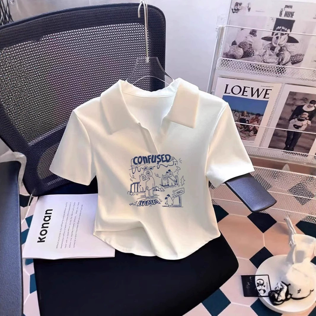 Белая молодежная женская футболка с отложным воротником и короткими рукавами, летний корейский стиль, стиль чистого желания, облегающий крой, привлекательный, короткий топ для горячих девушек, хлопок.