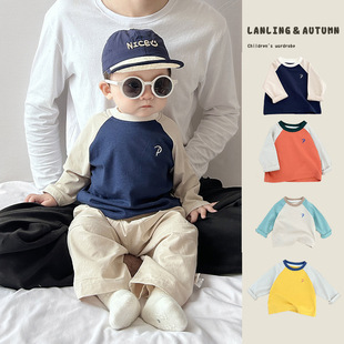 Boys' Color-Blocked Pure Cotton T-Shirt Long-Sleeved Spring and Autum 2025 New Baby Raglan Style Bottoming Shirt Versatile Top