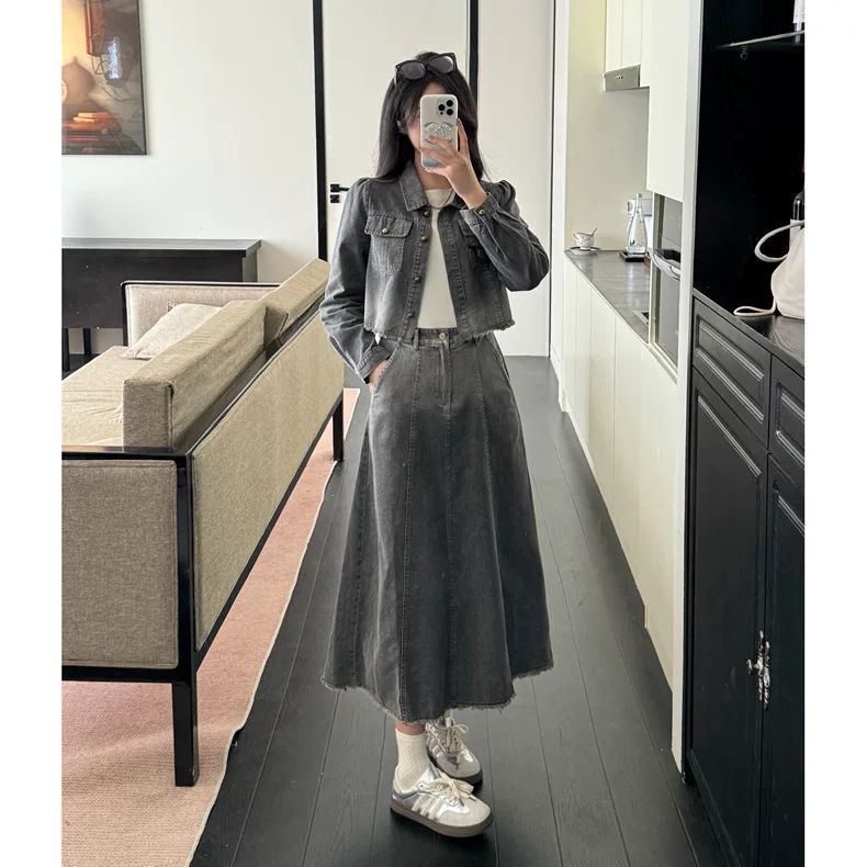 大码港风休闲气质套装连衣裙女秋冬胖mm显瘦牛仔外套长裙子两件套|undefined