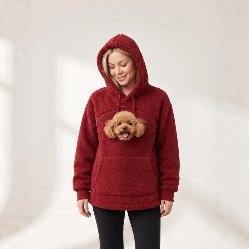 Cross-Border Autumn and Winter New Style Fleece Hooded Sweatshirt for Women, Loose Fit with Kangaroo Pocket and Pet Pocket Design, Warm Sweatshirt