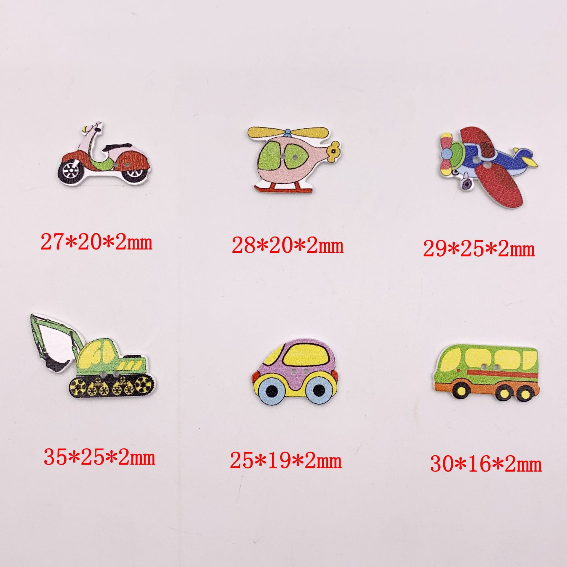 Seis de dibujos animados fondo blanco autobús coche botones de madera pintado helicóptero botones de madera 50 piezas paquete