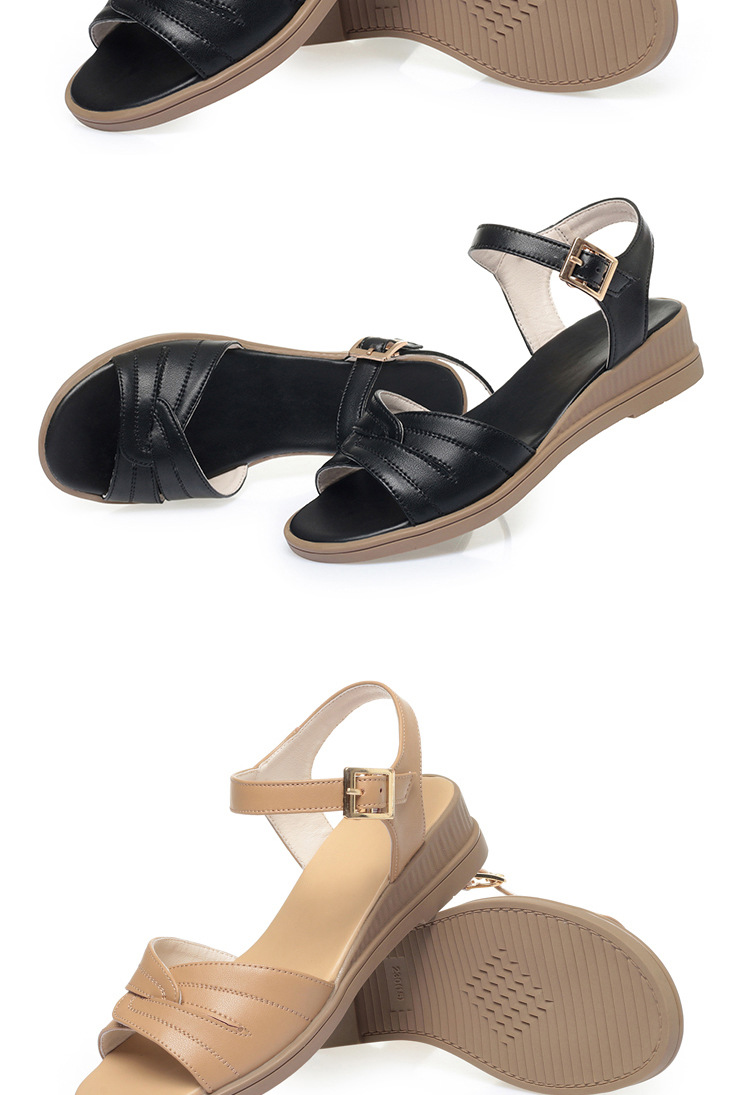 Sandal da bò đế bằng cho nữ trung niên, đế mềm chống trơn mùa hè — Màu be chi tiết 17