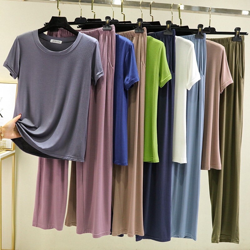 2022 Spring/Summer Women's Short Sleeve Set Modal T-Shirt Casual Loose Pocket Wide Leg Pants Two-Piece Set