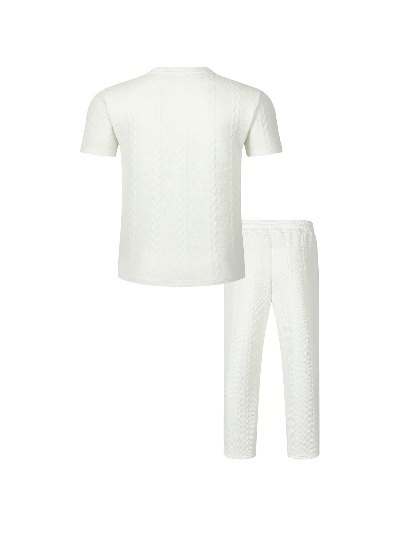 Men's Cable Knit Solid Color Jacquard Pullover Crew Neck Short Sleeve Trousers Casual Suit American Style Autumn New_viptrois.com