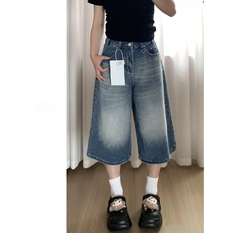 American-Style Wide-Leg Denim Cropped Pants for Women, New Summer Style, Plus-Size, Loose Fit, Slimming, Suitable for Pear-Shaped Body, Straight Shorts