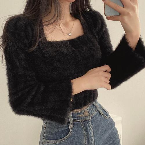 Soft waxy square collar mink fluffy clothes for women, Korean style pure desire short knitted shirt, temperament slim inner top for autumn and winter