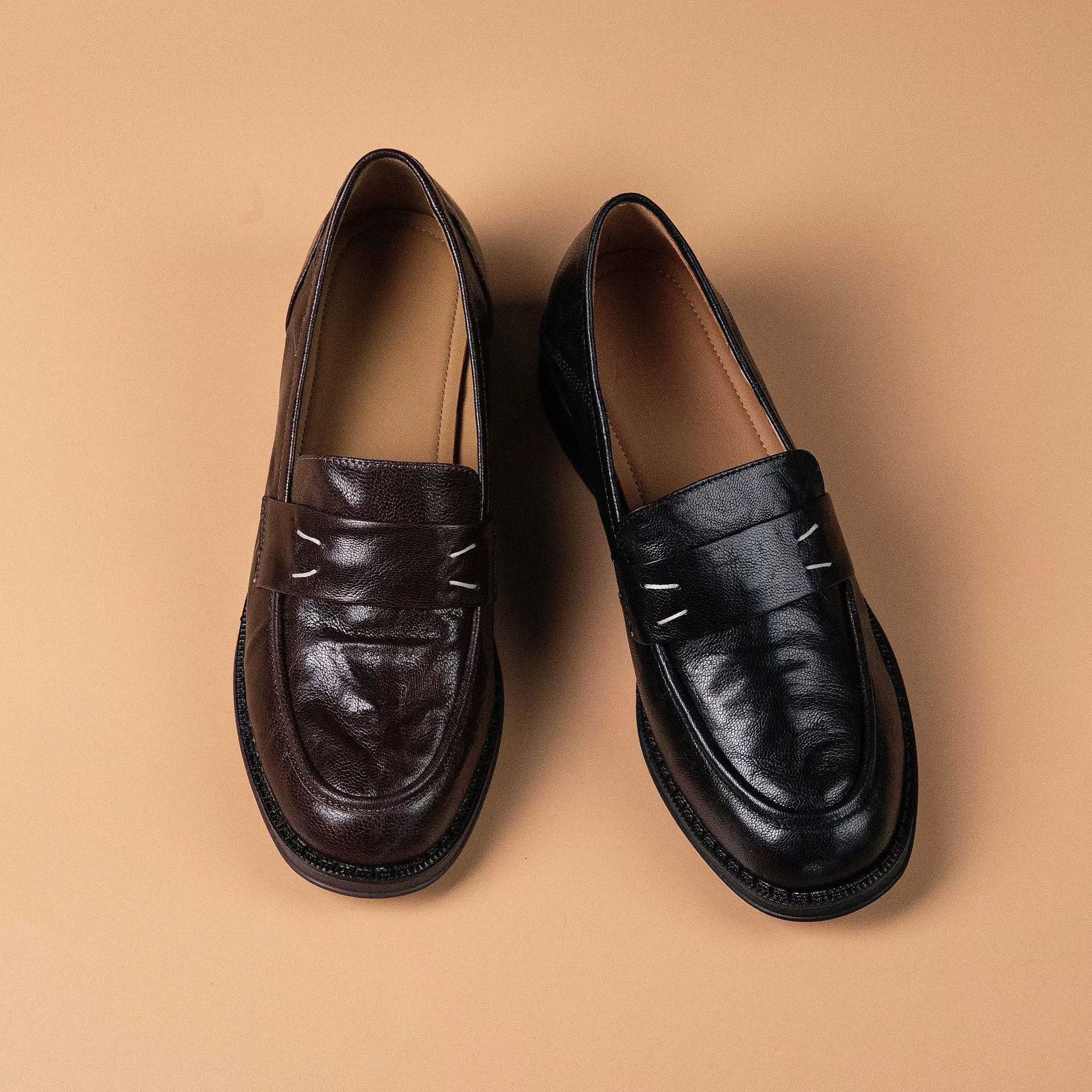 高端头层羊皮真皮乐福鞋女圆头橡胶底高跟单鞋防滑耐磨舒适小皮鞋