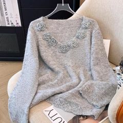粉色针织衫V领正肩毛衣大码女装2025秋冬胖mm中长款立体花朵上衣