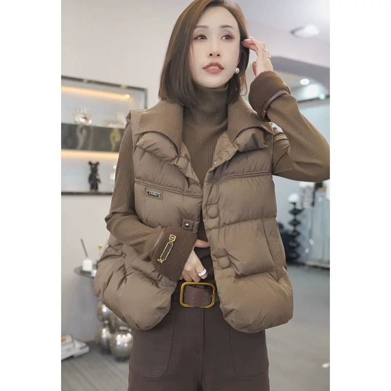 Maillard 스타일 다운 코튼 조끼 여성 가을 및 겨울 새로운 따뜻한 옷깃 코트 민소매 허리 코트 카디건 조끼 탑