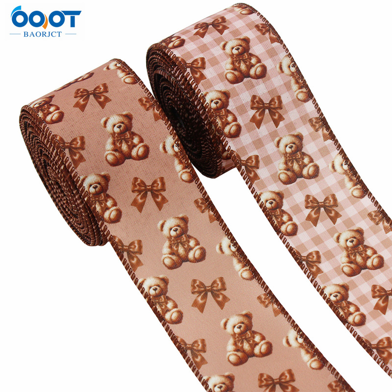 Brown teddy bear print plaid ribbon with bow, floral packaging, DIY materials, wholesale from the manufacturer