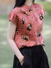 2025 夏の新しい中国風のボタンプリントシャツ女性のためのニッチでシックな美しいトップス