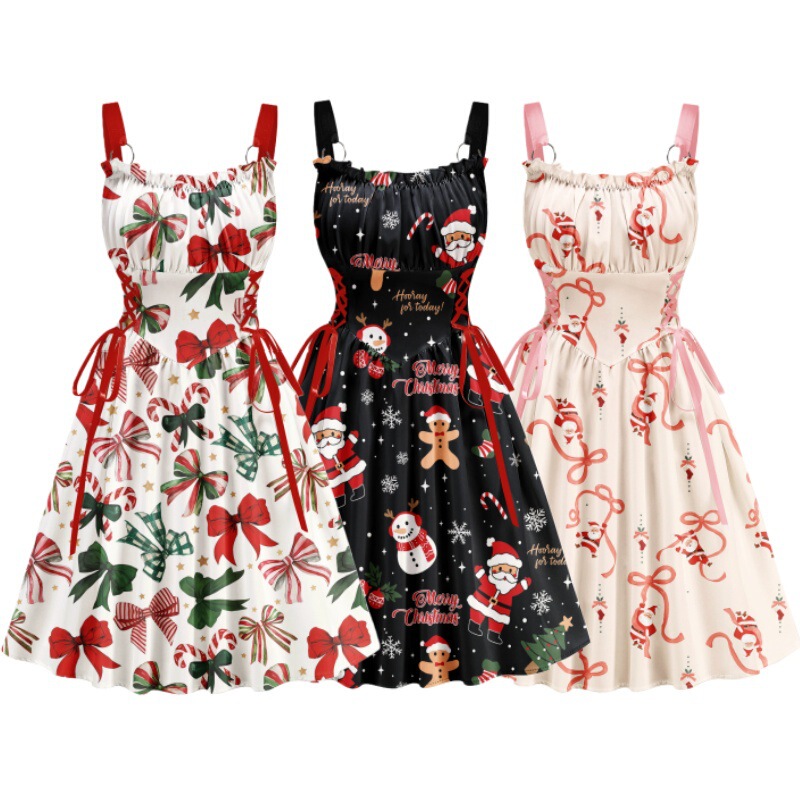 Christmas European and American Cross-Border Foreign Trade Digital Printing Lace-Up Elegant Party Sexy Slim Suspender Dress Ready for Sale Christmas European and American Cross-Border Foreign Trade Digital Printing Lace-Up Elegant Party Sexy Slim Suspender Dress Ready for Sale