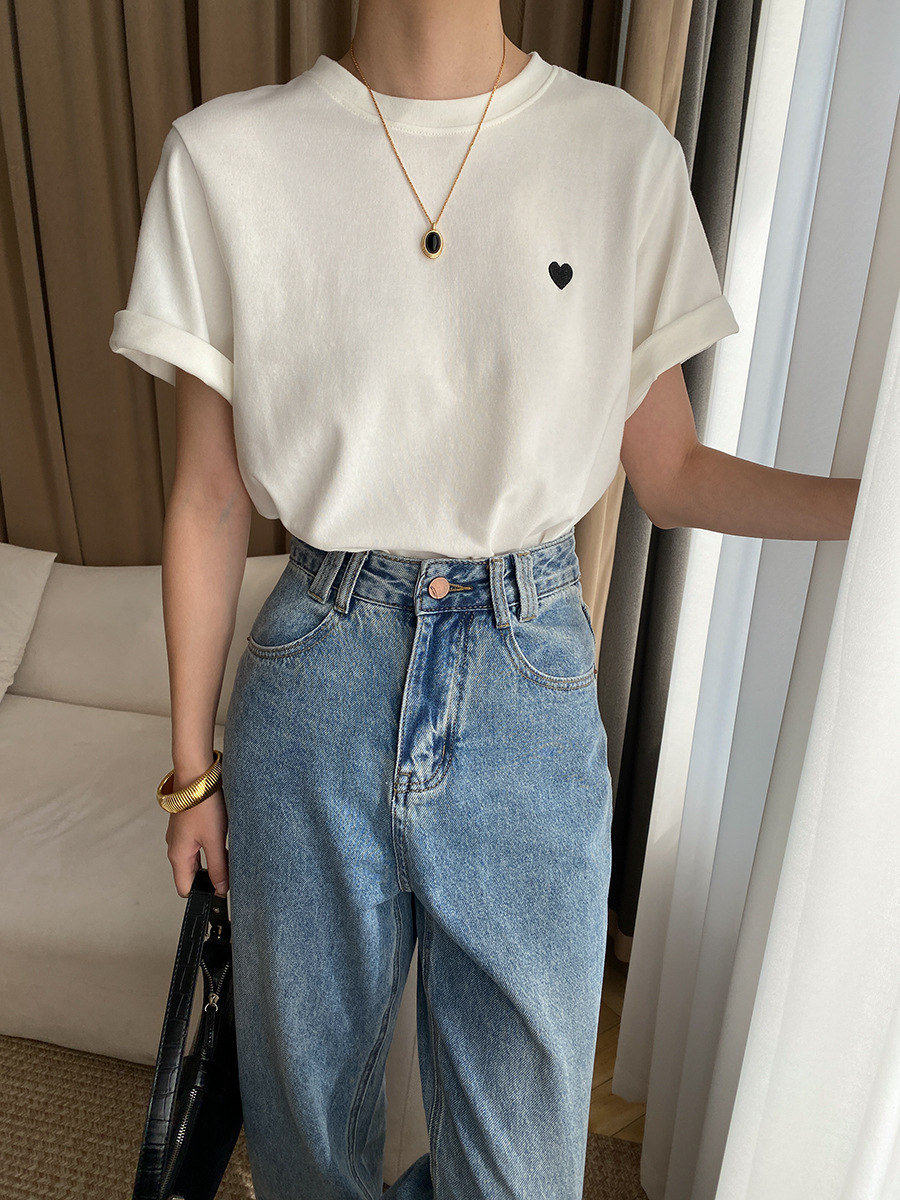 Love Small Embroidered Shoulder Slimming Casual Short Sleeved T Shirt Loose Early Spring