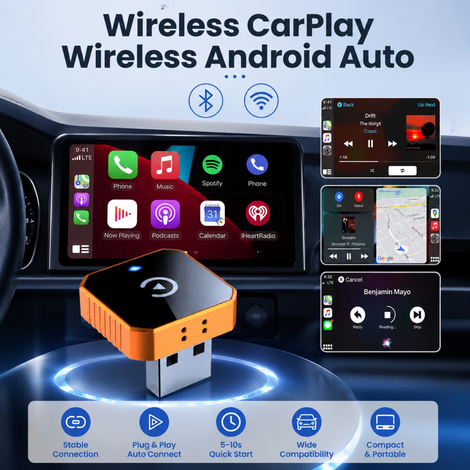 Cross-Border Hot-Selling Wired-To-Wireless Carplay Box Android Auto Two-In-One Car Connectivity Adapter