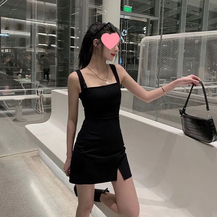 黑色开叉吊带裙女夏外穿修身显瘦连衣裙赫本风气质复古内搭小黑裙|undefined