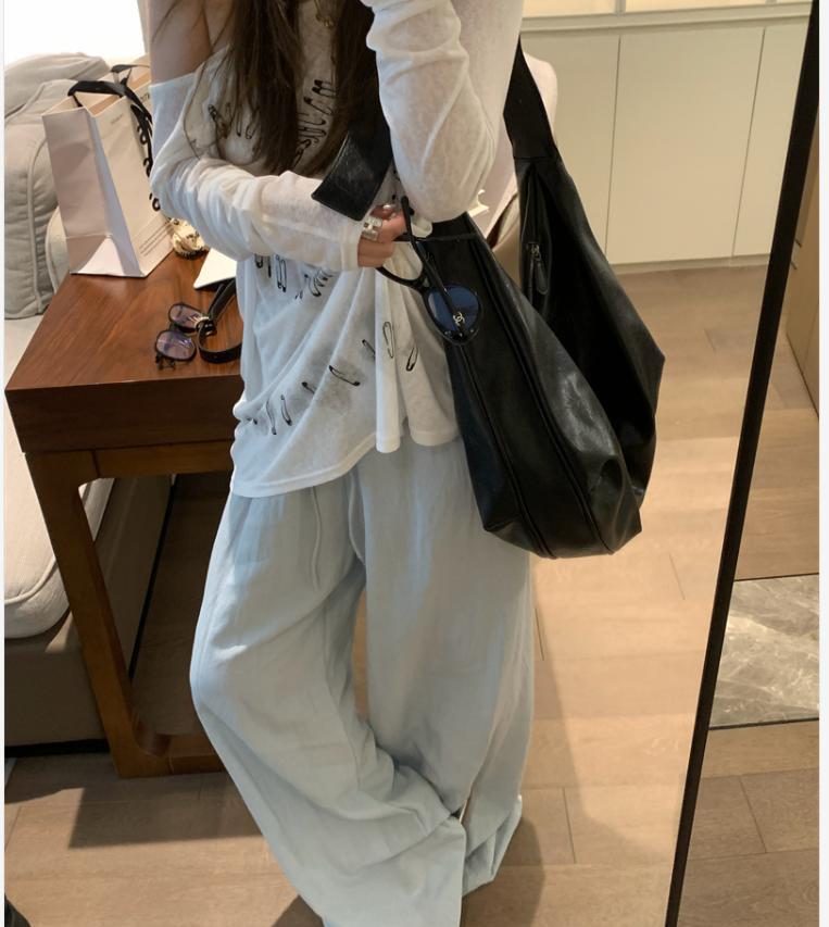 Quần culottes nữ ống rộng cạp chun rút dây chất liệu linen phối tencel dáng dài mùa hè — màu đen, Trà trắng, xanh lam chi tiết 11