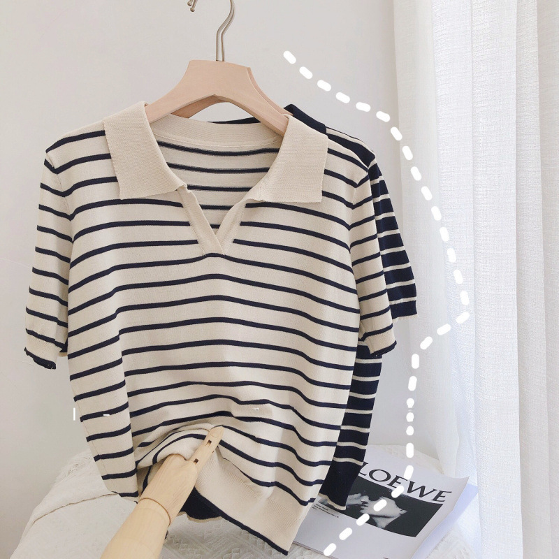 Lapel Knit Short-Sleeve T-Shirt for Women, 2026 Summer Ice Silk Thin Style, Navy Style Color-Blocked Striped Loose Top