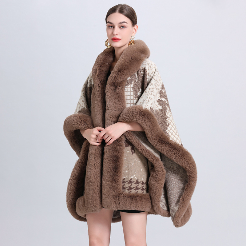 Jacquard fringe hooded cape cape loose knit cardigan plus-size woolen coat_voghion.com