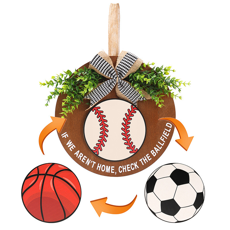 Home Decoration Wooden Welcome Card Baseball Blue Ball Football Replaceable Logo Front Door Welcome Card Wall Pendant