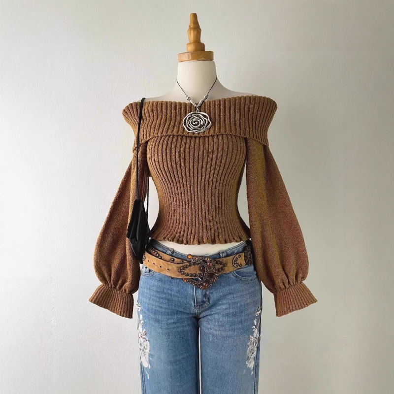 European and American Style Spicy Girl Off-Shoulder Knitted Short Sweater Y2K Solid Color Retro Puff Sleeve Knitwear for Women Wholesale European and American Style Spicy Girl Off-Shoulder Knitted Short Sweater Y2K Solid Color Retro Puff Sleeve Knitwear for Women Wholesale