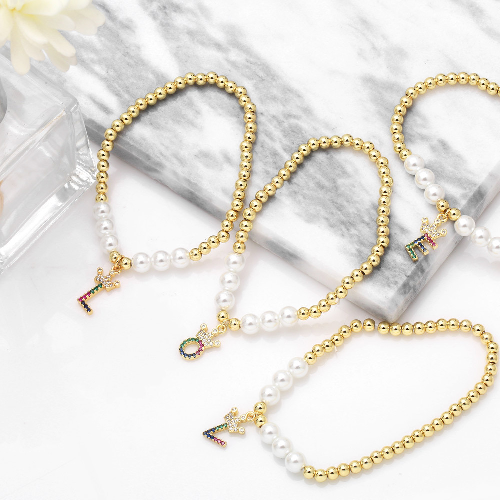 26 English letter bracelet fashion copper beads pearl elastic bracelet