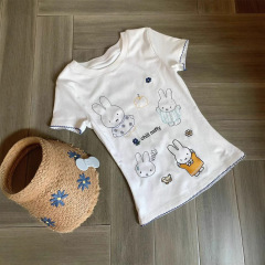 白かわいい立体刺繍ミッフィーウサギ右肩半袖Tシャツレディース2025年夏新作スリムショートトップ