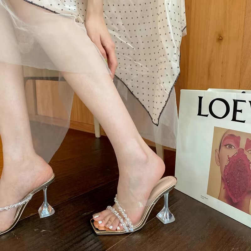 Transparent Rhinestone High-heeled Sandals Women's Summer Thin-heeled Glass Crystal Shoes Sandals and Slippers Outer Wear Long Legs 2025 New