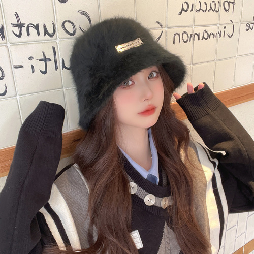 New Rabbit Fur Fisherman Hat for Women, Fall/Winter Versatile, Face-Smaller Bucket Hat, Korean Style, Warm and Stylish, Face-Hiding Basin Hat
