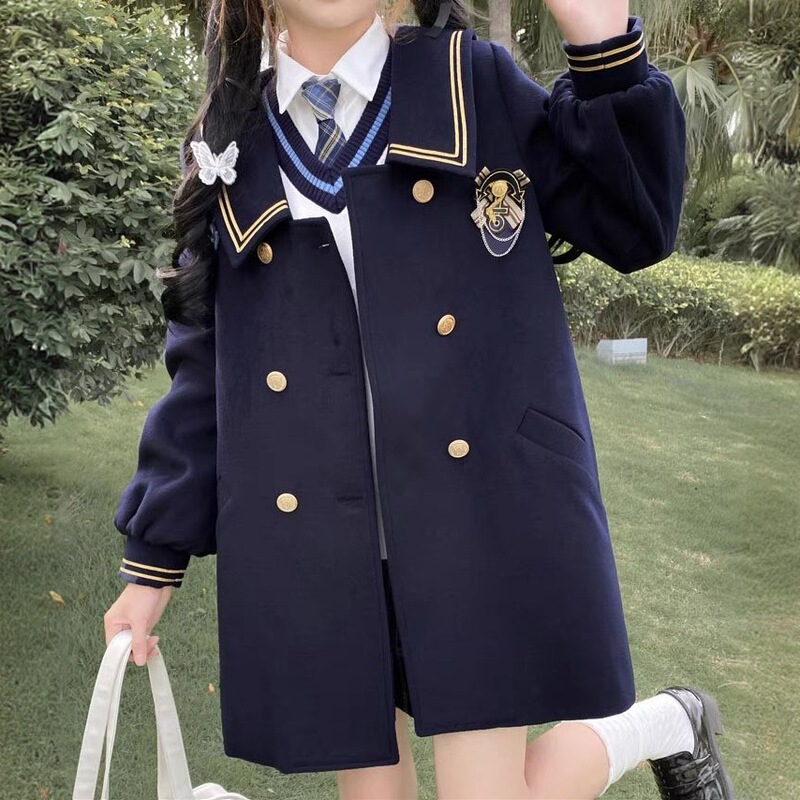 Academy-Style Mid-Length Double-Breasted Sailor Collar Coat, Japanese-Style Autumn and Winter Jk Uniform for Petite Sweet Girls, Woolen Outerwear