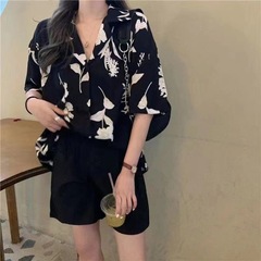 2025新款男女通用ins植物印花衬衫宽松情侣短袖花草T恤