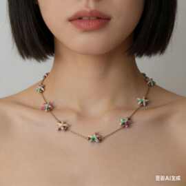 不锈钢海星花色项链饰品五角星设计感彩色串珠锁骨链女新时尚甜美